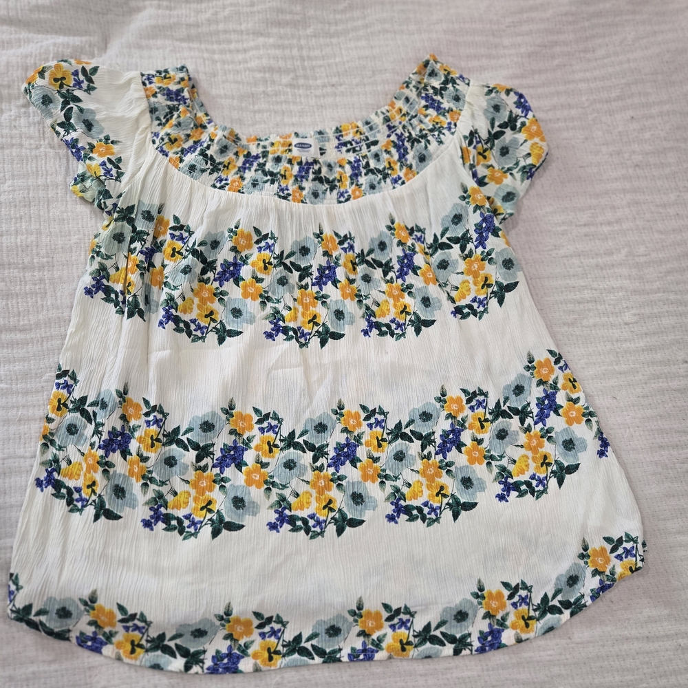 Old Navy Womens Floral Blouse - White with Yellow and Blue
